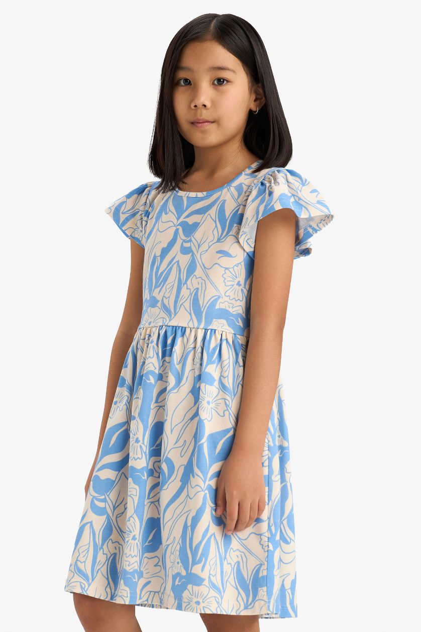 Kız Çocuk - Genç Kız Mavi Bisiklet Yaka Desenli Kısa Kollu Yazlık Elbise Kız Çocuk