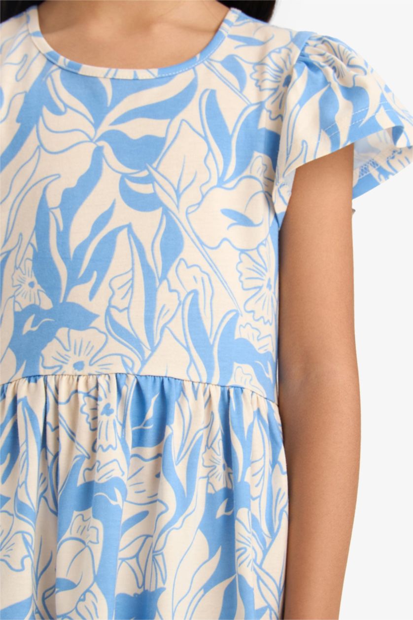 Kız Çocuk - Genç Kız Mavi Bisiklet Yaka Desenli Kısa Kollu Yazlık Elbise Kız Çocuk