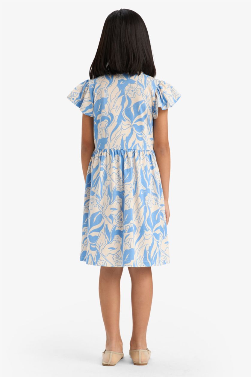 Kız Çocuk - Genç Kız Mavi Bisiklet Yaka Desenli Kısa Kollu Yazlık Elbise Kız Çocuk