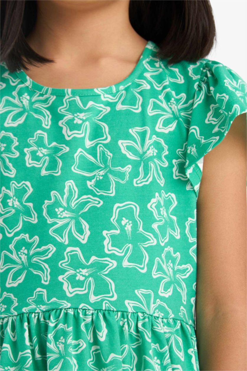 Kız Çocuk - Genç Kız Yeşil Bisiklet Yaka Desenli Kısa Kollu Yazlık Elbise Kız Çocuk