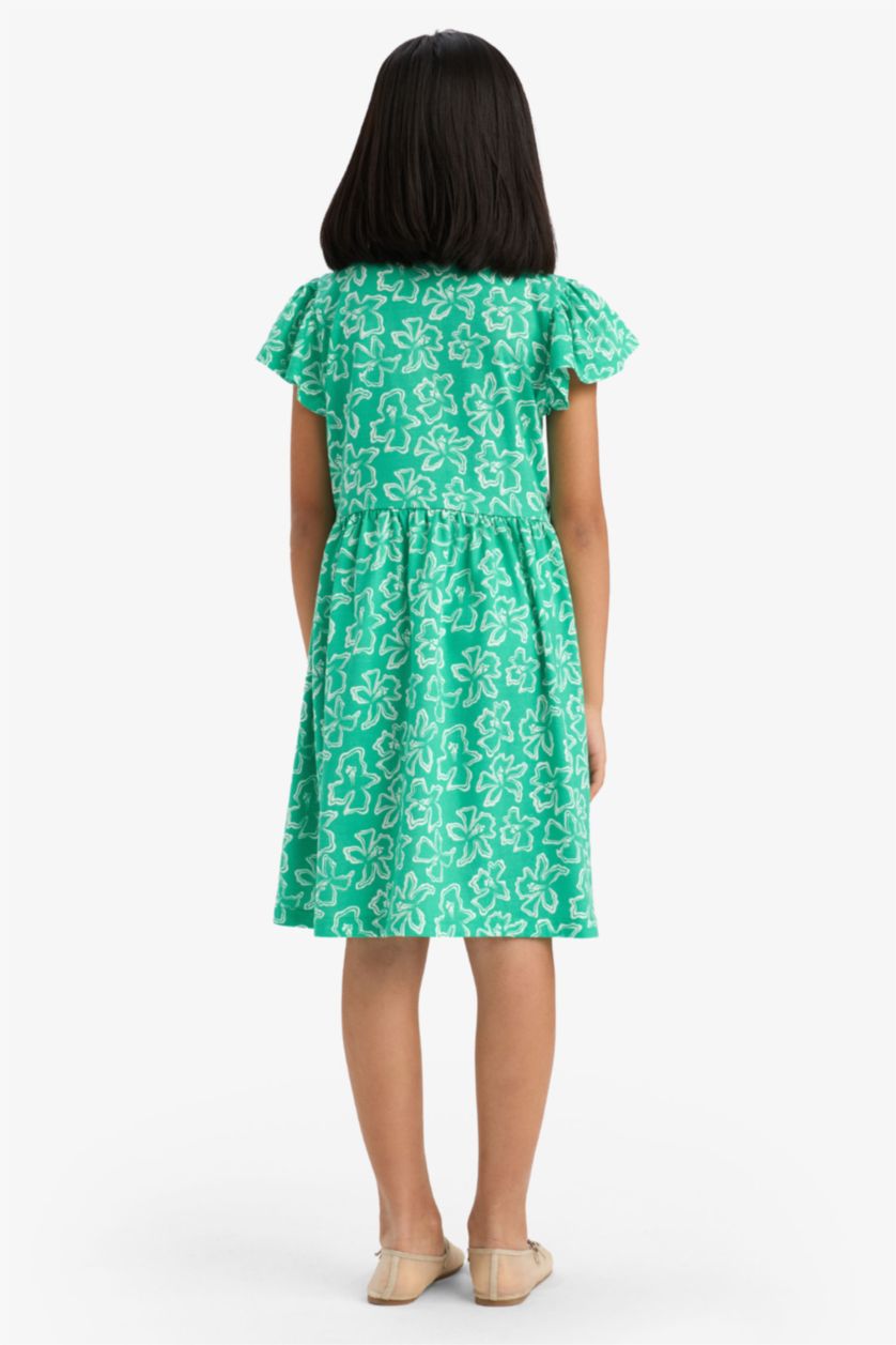 Kız Çocuk - Genç Kız Yeşil Bisiklet Yaka Desenli Kısa Kollu Yazlık Elbise Kız Çocuk