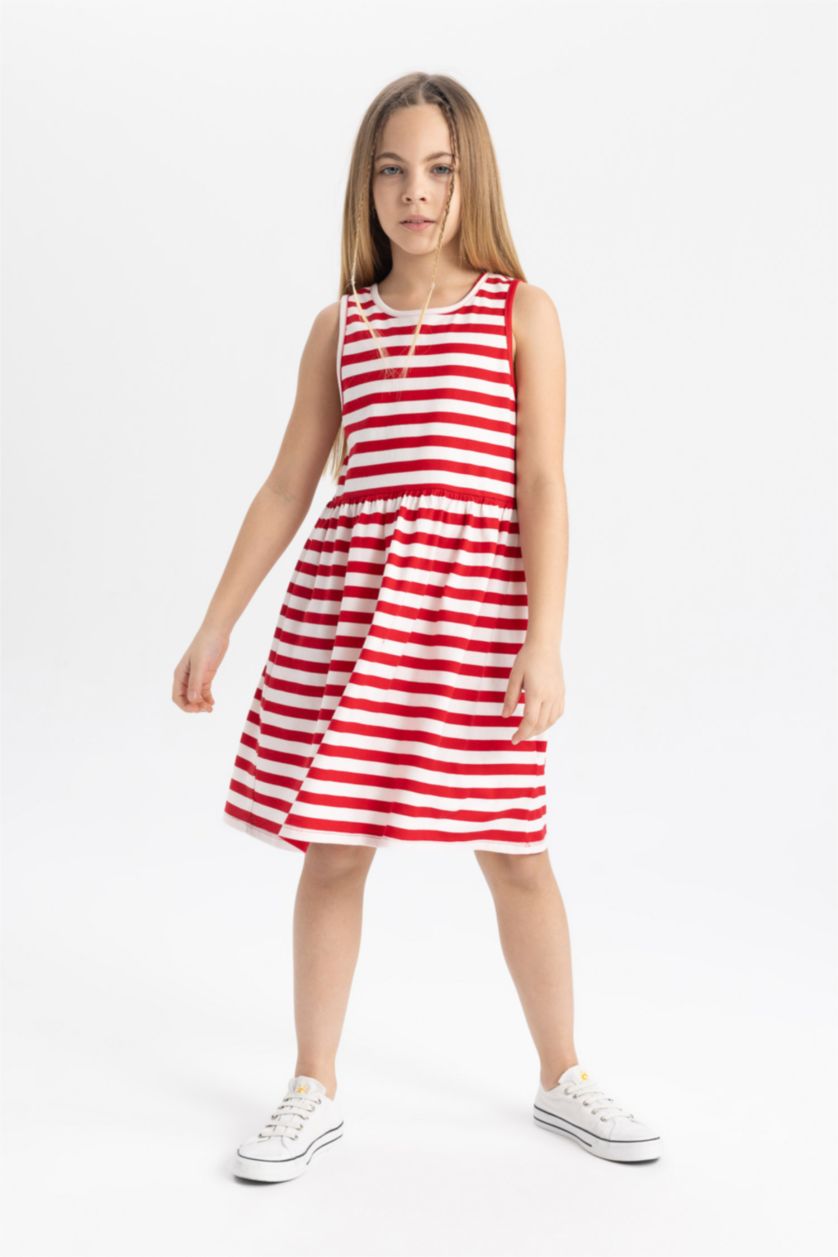 بنات أحمر فستان بناتي مخطط قصة عادية