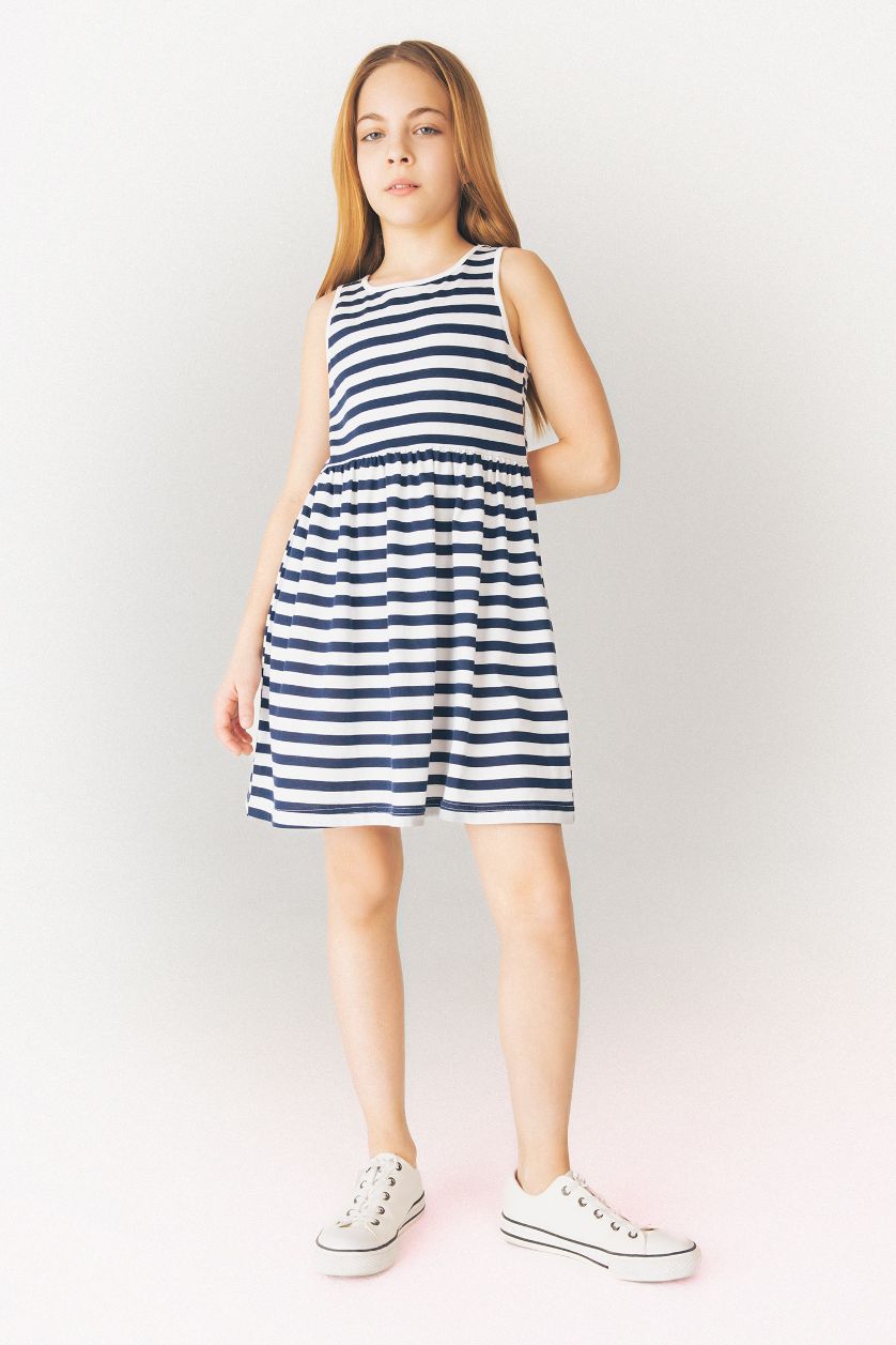 Kız Çocuk - Genç Kız Lacivert Bisiklet Yaka Çizgili Kolsuz Yazlık Elbise Kız Çocuk