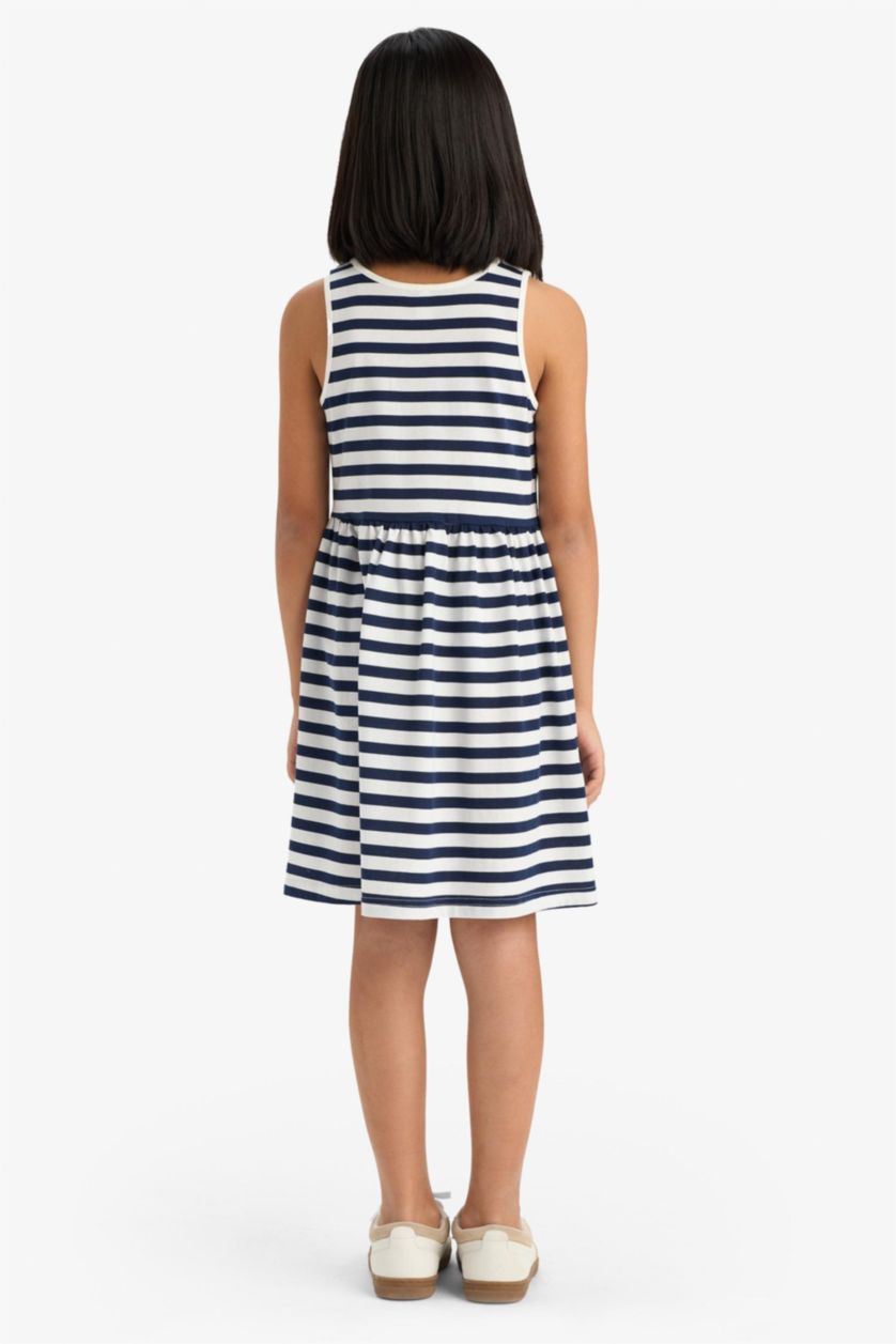 Kız Çocuk - Genç Kız Lacivert Bisiklet Yaka Çizgili Kolsuz Yazlık Elbise Kız Çocuk