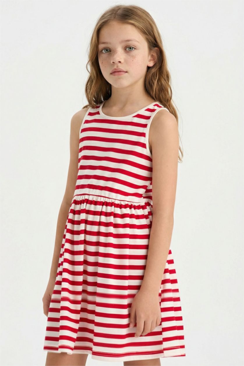 Kız Çocuk - Genç Kız Kırmızı Bisiklet Yaka Çizgili Kolsuz Yazlık Elbise Kız Çocuk