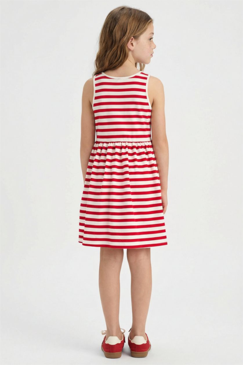 Kız Çocuk - Genç Kız Kırmızı Bisiklet Yaka Çizgili Kolsuz Yazlık Elbise Kız Çocuk