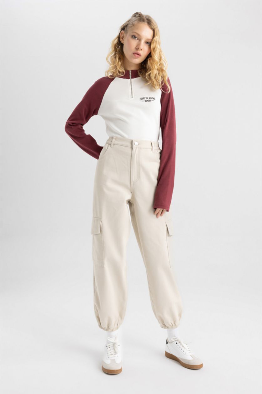 WOMAN Beige Cargo Jogger Gabardine Trousers