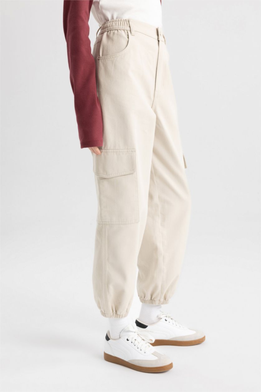WOMAN Beige Cargo Jogger Gabardine Trousers