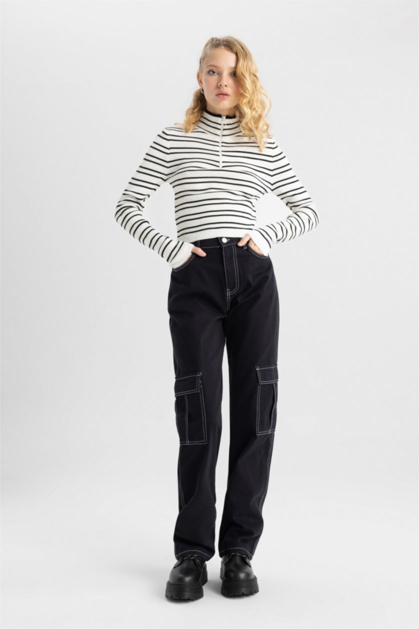 WOMAN Black Straight Fit Cargo Gabardine Trousers