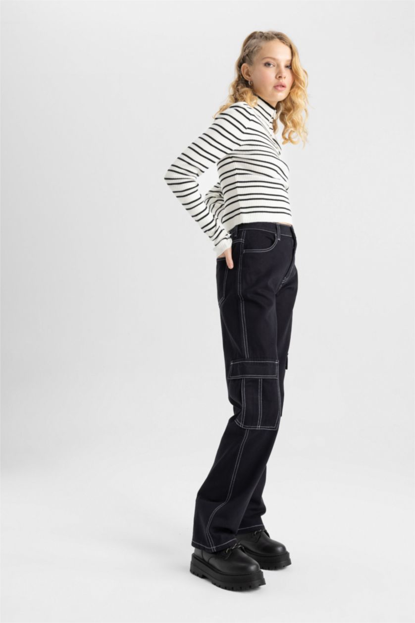 WOMAN Black Straight Fit Cargo Gabardine Trousers