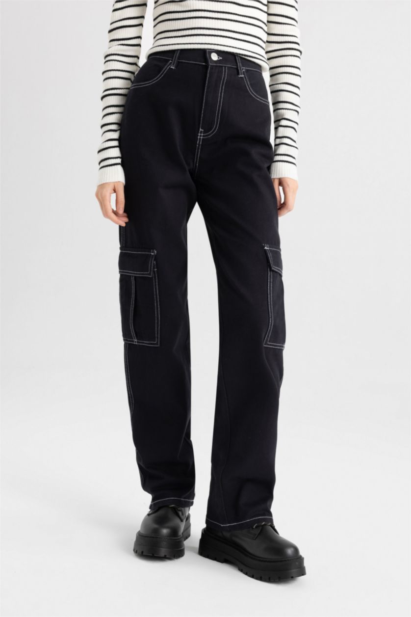 WOMAN Black Straight Fit Cargo Gabardine Trousers