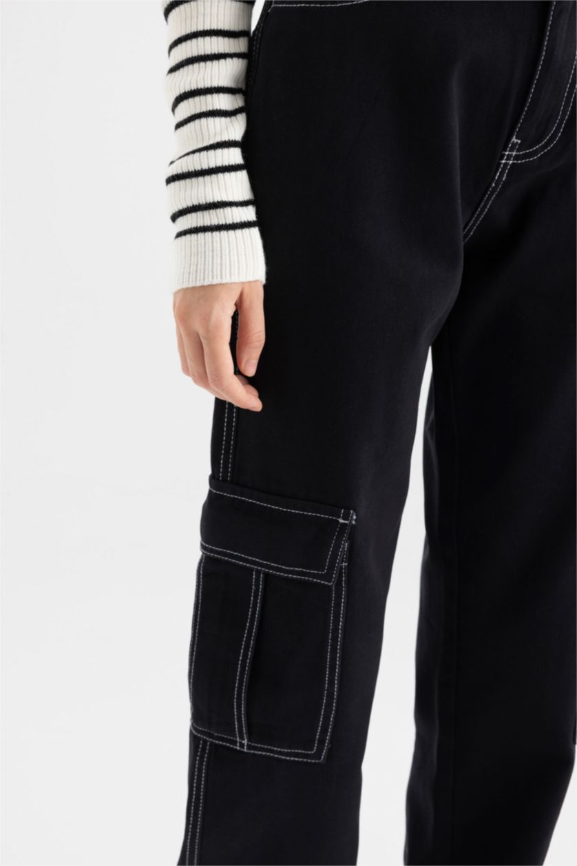 WOMAN Black Straight Fit Cargo Gabardine Trousers