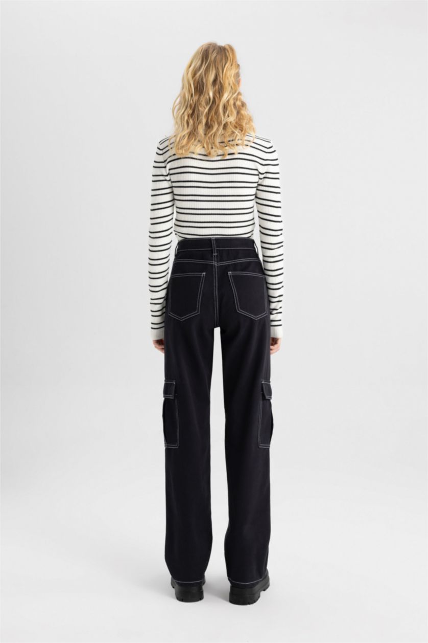 WOMAN Black Straight Fit Cargo Gabardine Trousers