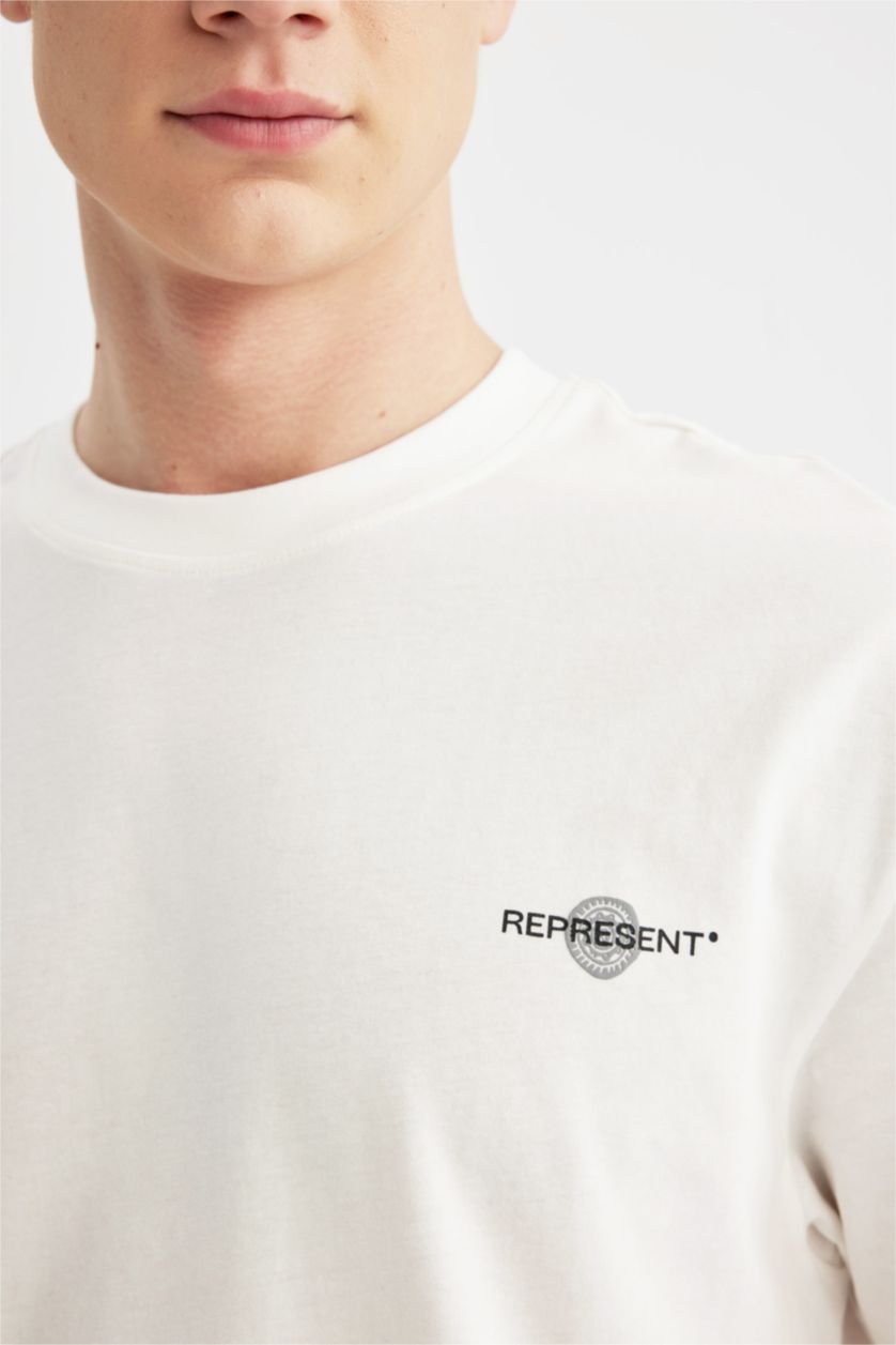 Erkek Ekru %100 Pamuk Comfort Regular Fit Rahat Kalıp Bisiklet Yaka Sırt Baskılı Kısa Kollu Tişört