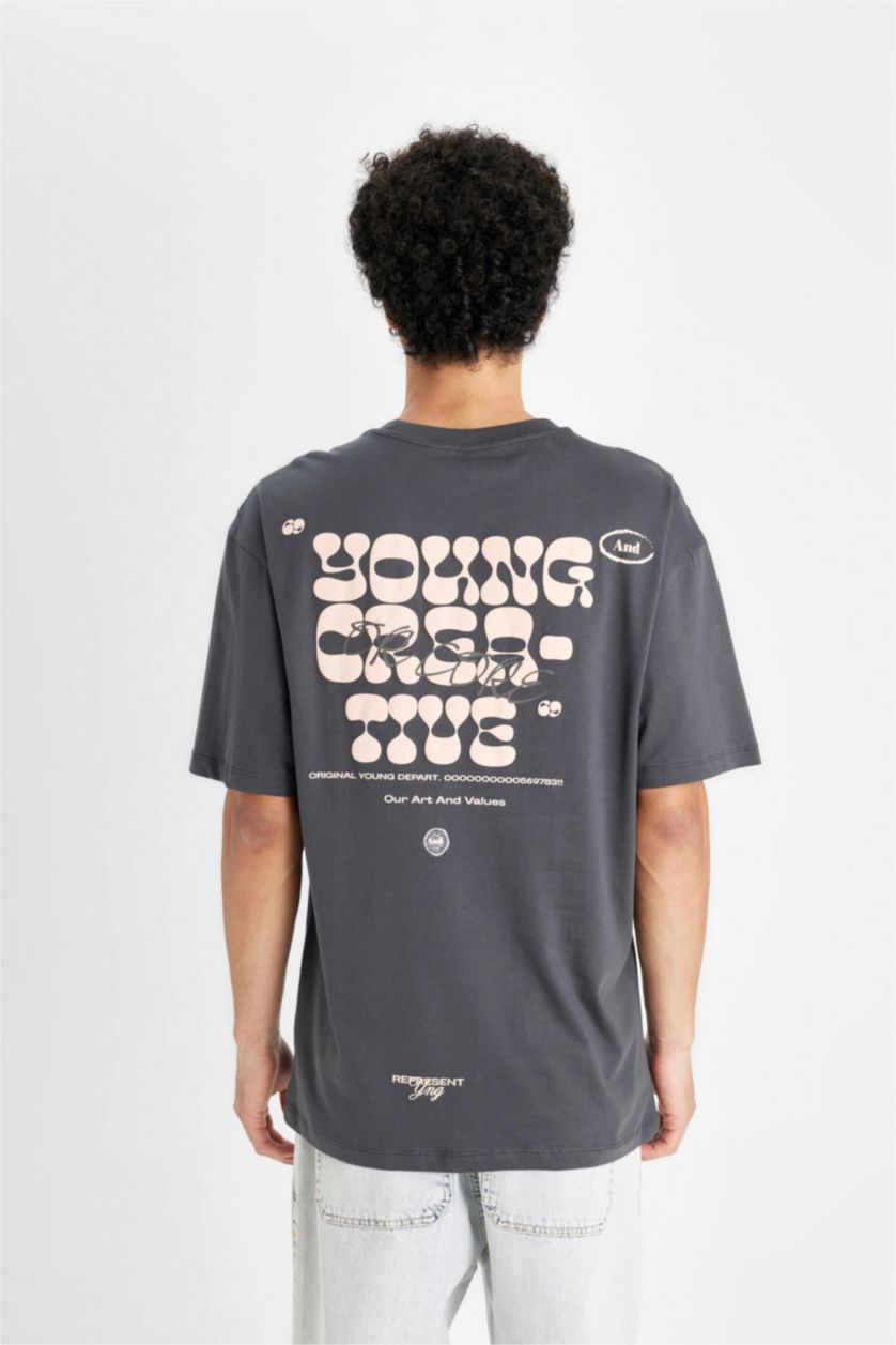 Erkek Antrasit %100 Pamuk Comfort Regular Fit Rahat Kesim Bisiklet Yaka Sırt Baskılı Kısa Kollu Tişört