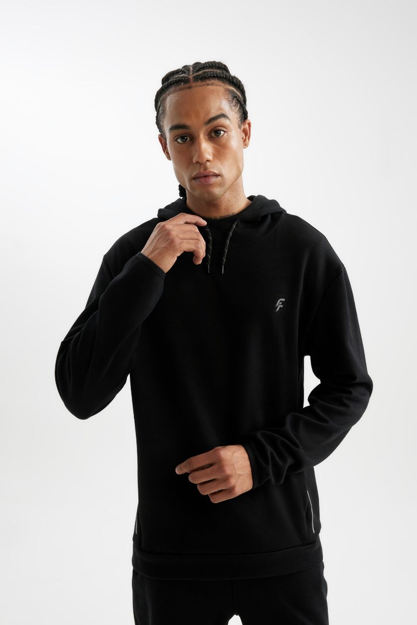 رجال أسود سويت شيرت قصة عادية بغطاء للرأس من DeFactoFit