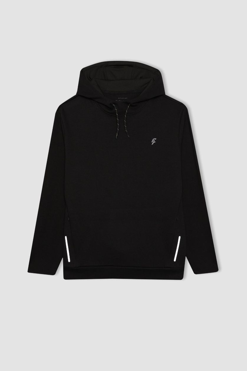 رجال أسود سويت شيرت قصة عادية بغطاء للرأس من DeFactoFit