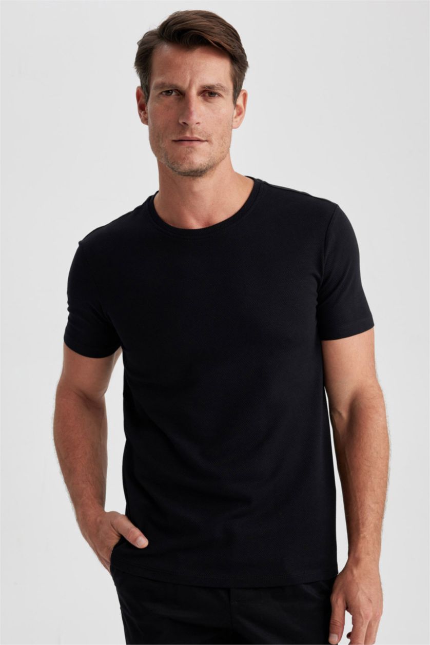 رجالي أسود تي شيرت نص كم سليم فيت بياقة مستديرة