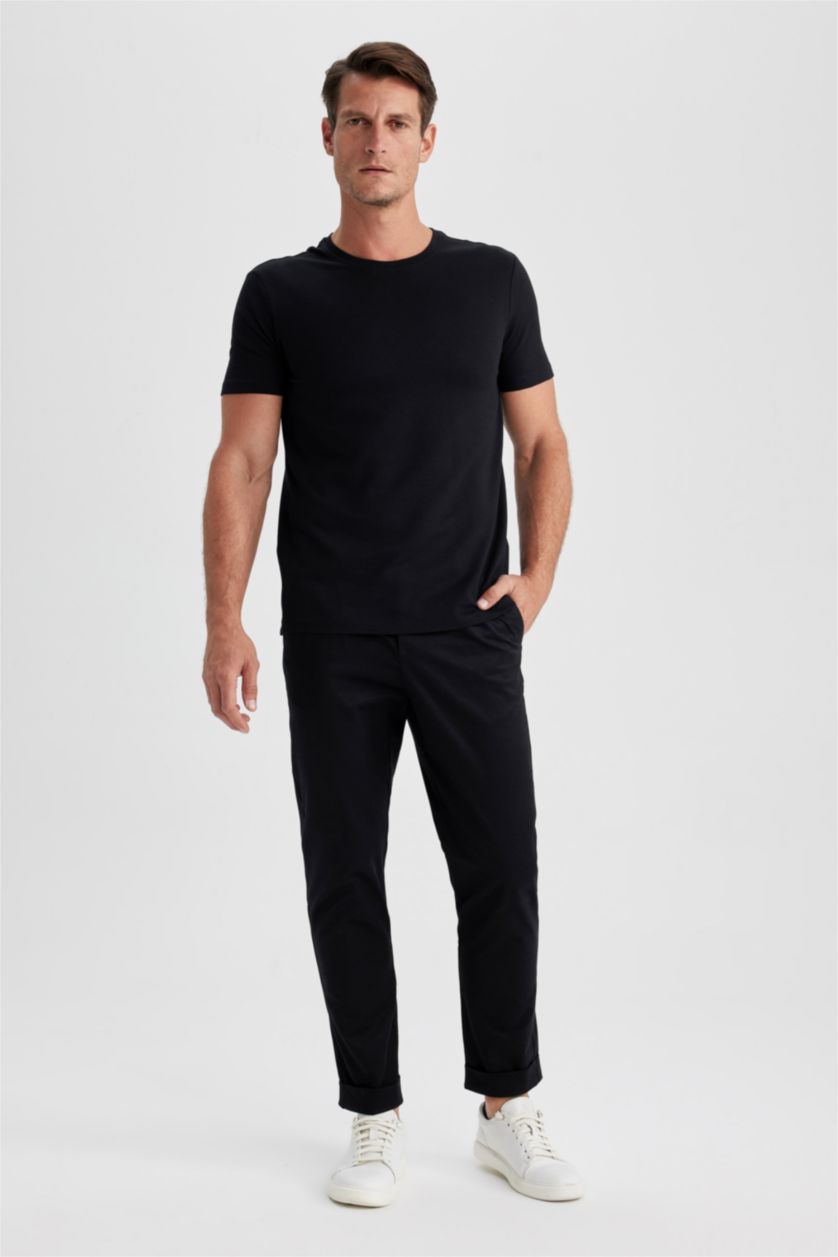 رجالي أسود تي شيرت نص كم سليم فيت بياقة مستديرة