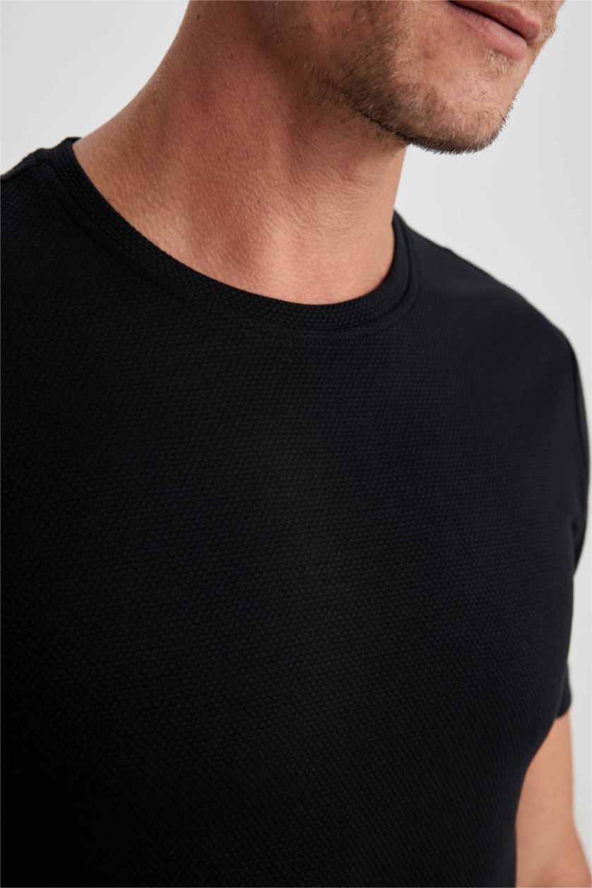 رجالي أسود تي شيرت نص كم سليم فيت بياقة مستديرة