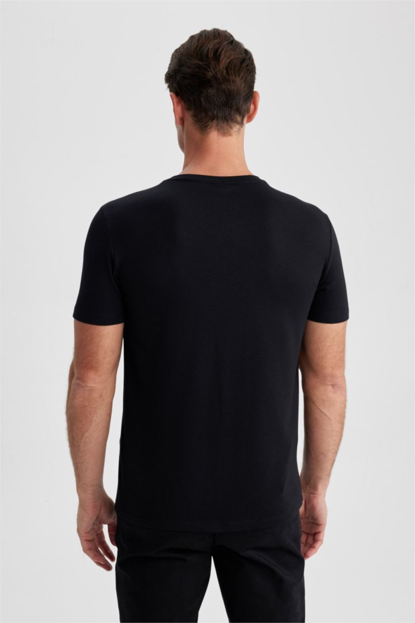 رجالي أسود تي شيرت نص كم سليم فيت بياقة مستديرة