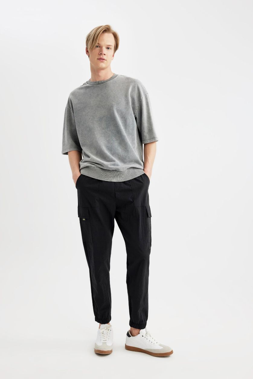 MAN Black Regular Fit With Cargo Pocket Thin Sweatshirt Fabric Trousers