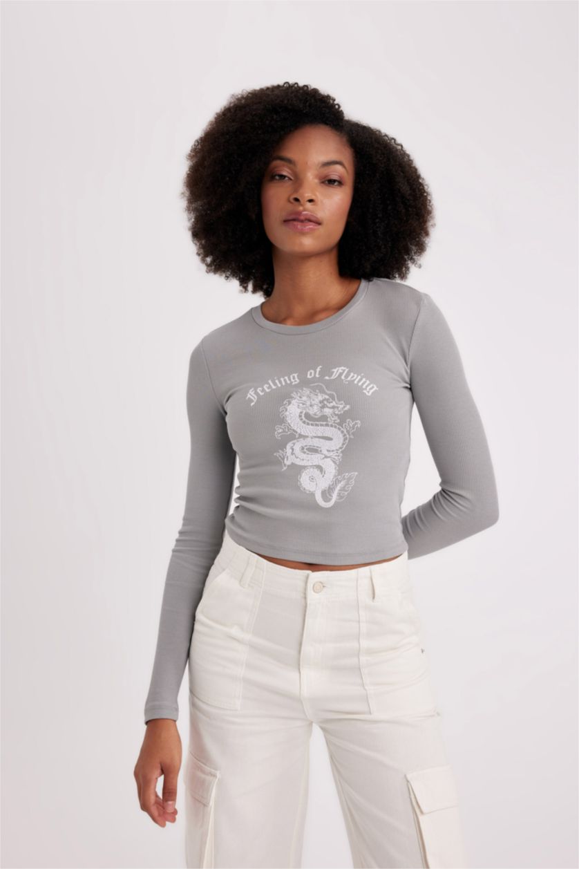 WOMAN Light Grey Slim Fit Crew Neck Camisole Long Sleeve T-Shirt