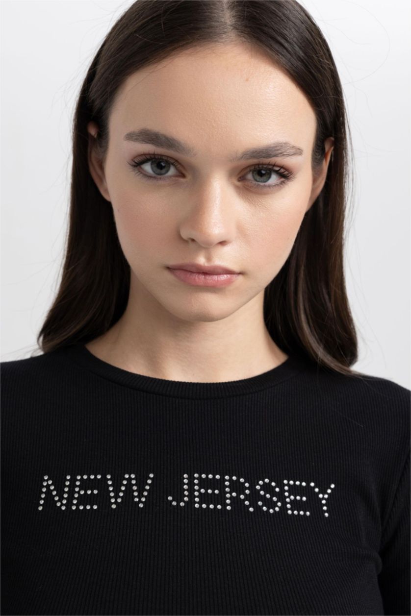 نساء أسود تيشيرت كم طويل مضلع سليم فيت برقبة مستديرة