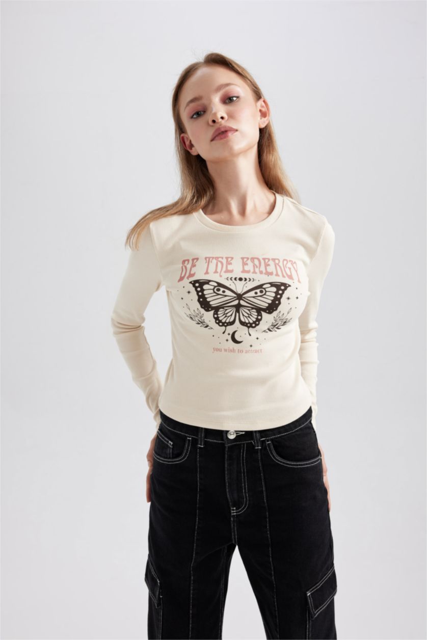 نساء حجري فاتح تيشيرت كم طويل مضلع سليم فيت برقبة مستديرة