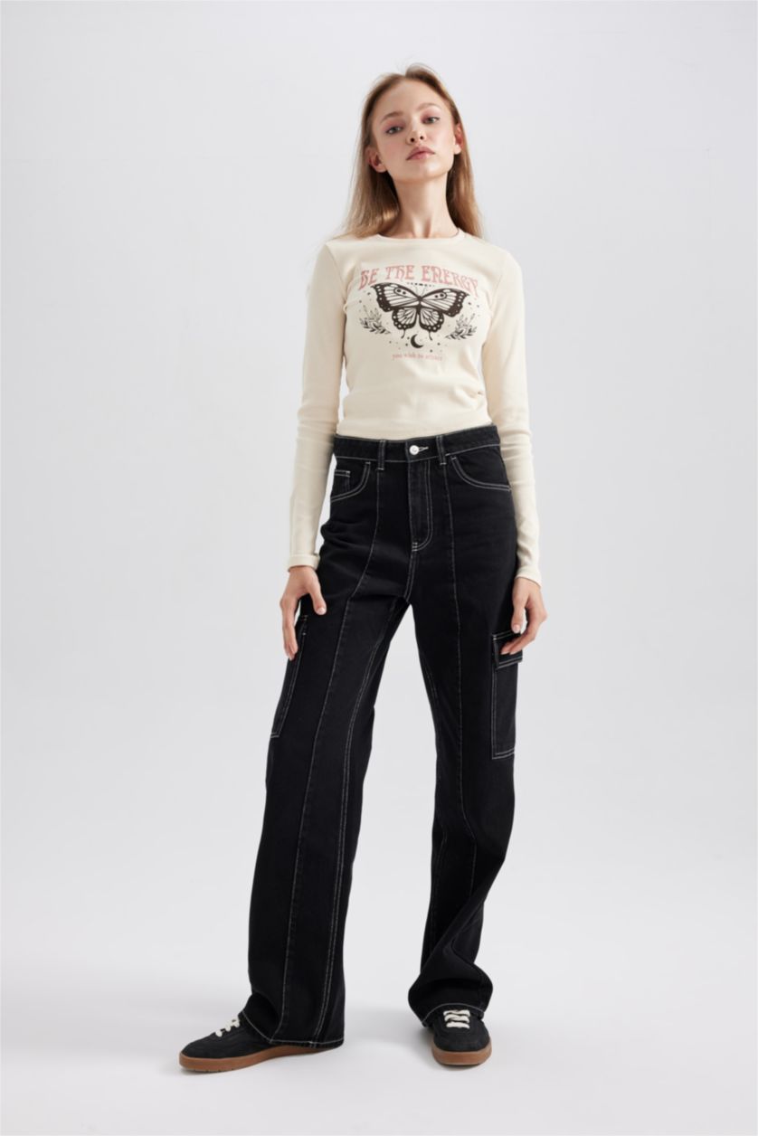 نساء حجري فاتح تيشيرت كم طويل مضلع سليم فيت برقبة مستديرة