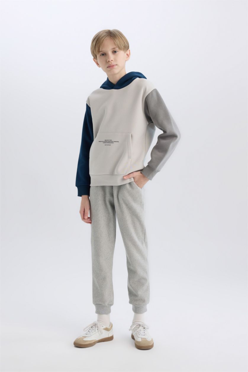 Erkek Çocuk - Genç Erkek Kum Kapüşonlu Cep Baskılı Sweatshirt Erkek Çocuk