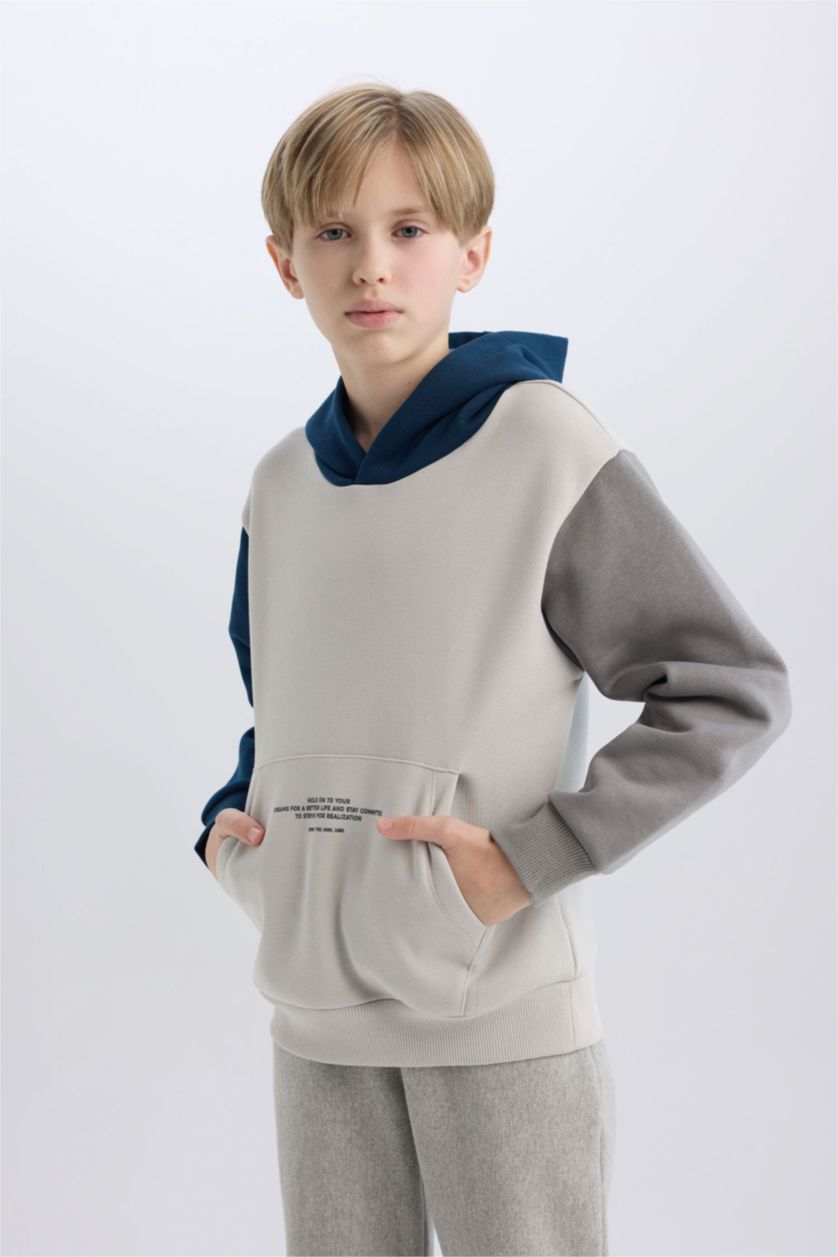 Erkek Çocuk - Genç Erkek Kum Kapüşonlu Cep Baskılı Sweatshirt Erkek Çocuk