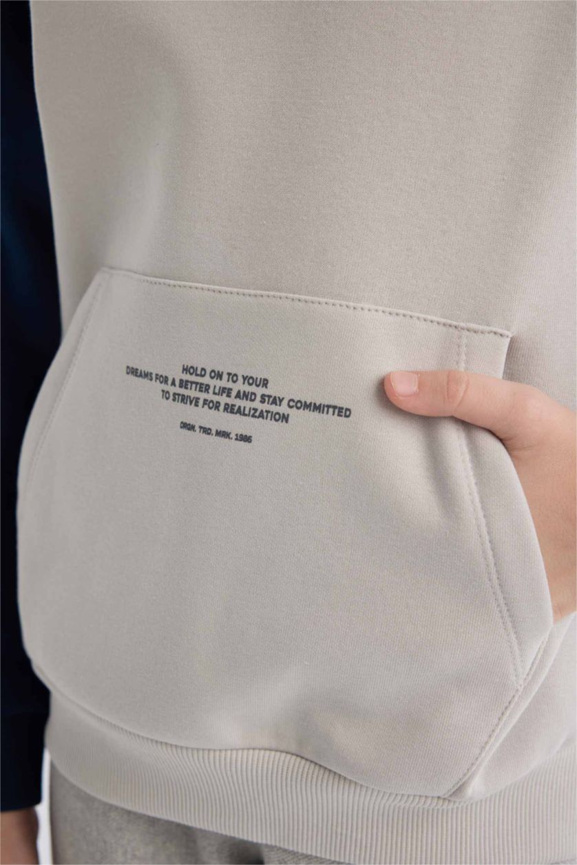 Erkek Çocuk - Genç Erkek Kum Kapüşonlu Cep Baskılı Sweatshirt Erkek Çocuk