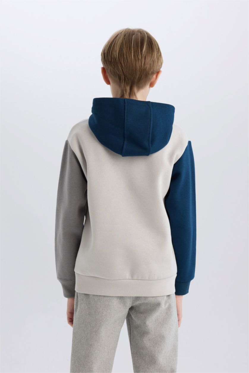 Erkek Çocuk - Genç Erkek Kum Kapüşonlu Cep Baskılı Sweatshirt Erkek Çocuk