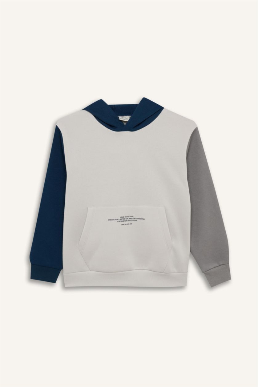 Erkek Çocuk - Genç Erkek Kum Kapüşonlu Cep Baskılı Sweatshirt Erkek Çocuk