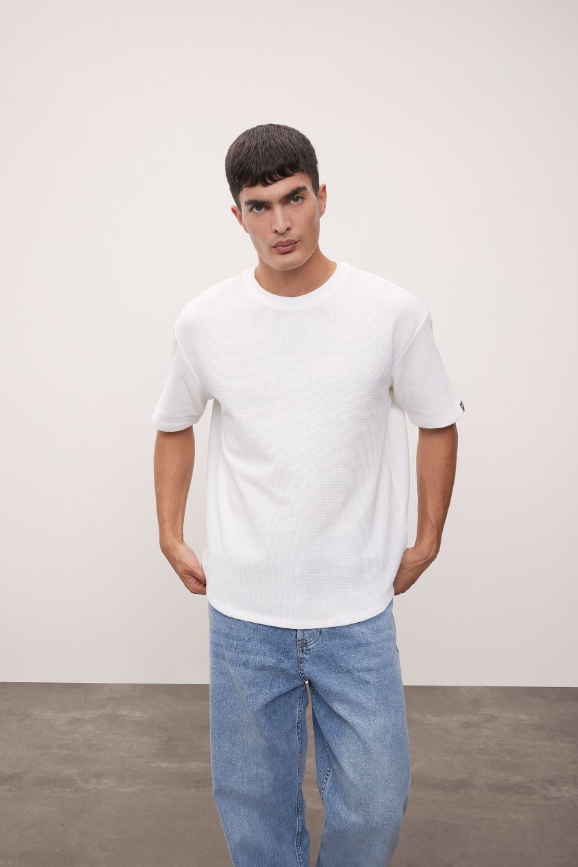 Erkek Ekru Boxy Fit Bisiklet Yaka Kısa Kollu Basic Düz Waffle Tişört