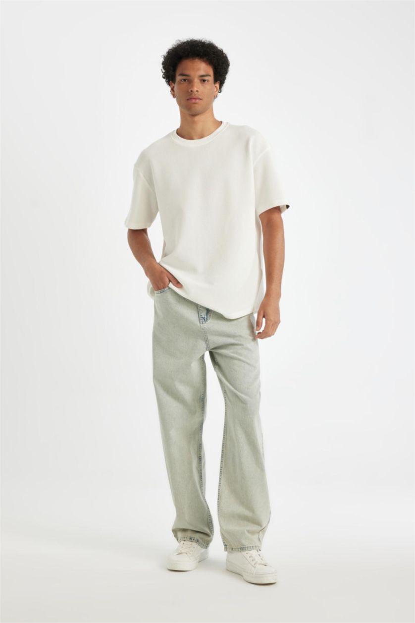 Erkek Ekru Boxy Fit Bisiklet Yaka Kısa Kollu Basic Düz Waffle Tişört