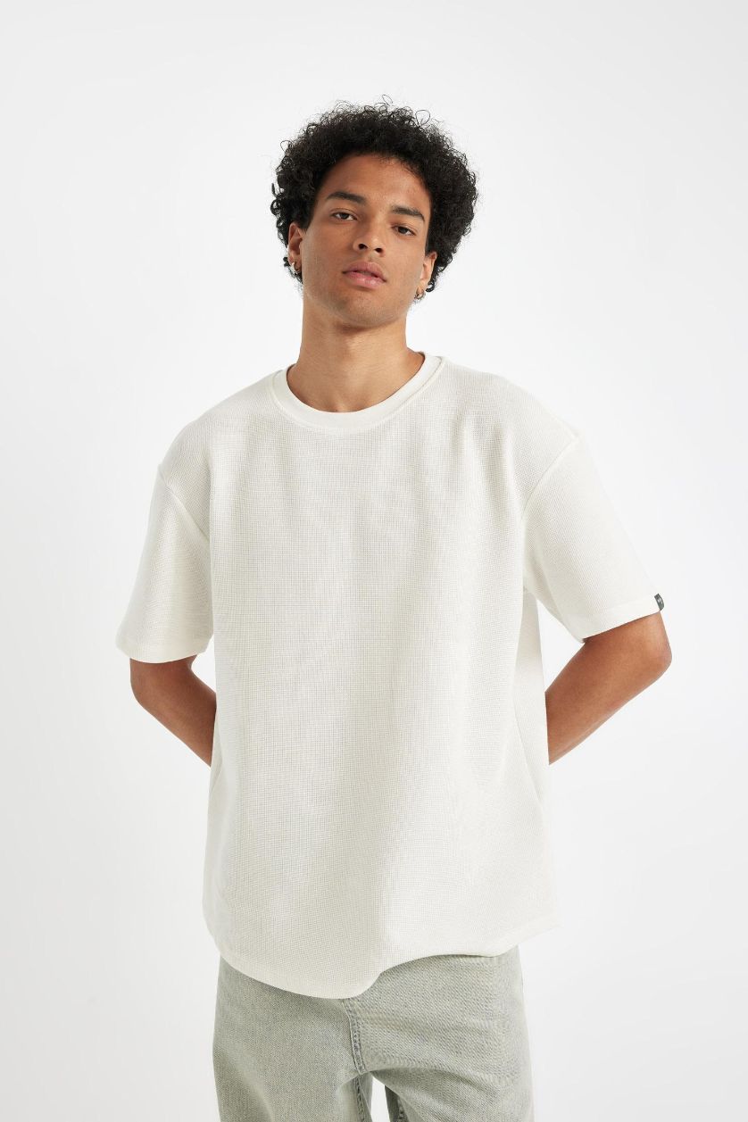 Erkek Ekru Boxy Fit Bisiklet Yaka Kısa Kollu Basic Düz Waffle Tişört