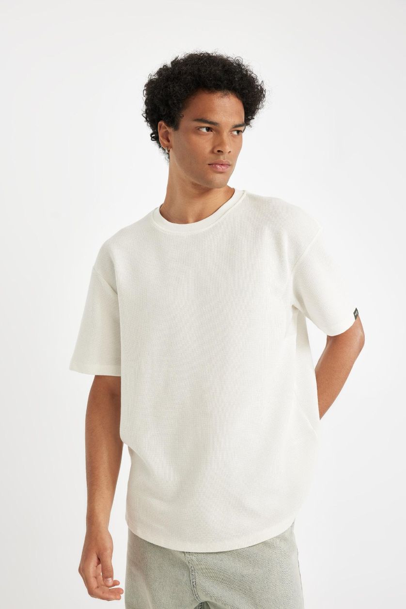 Erkek Ekru Boxy Fit Bisiklet Yaka Kısa Kollu Basic Düz Waffle Tişört