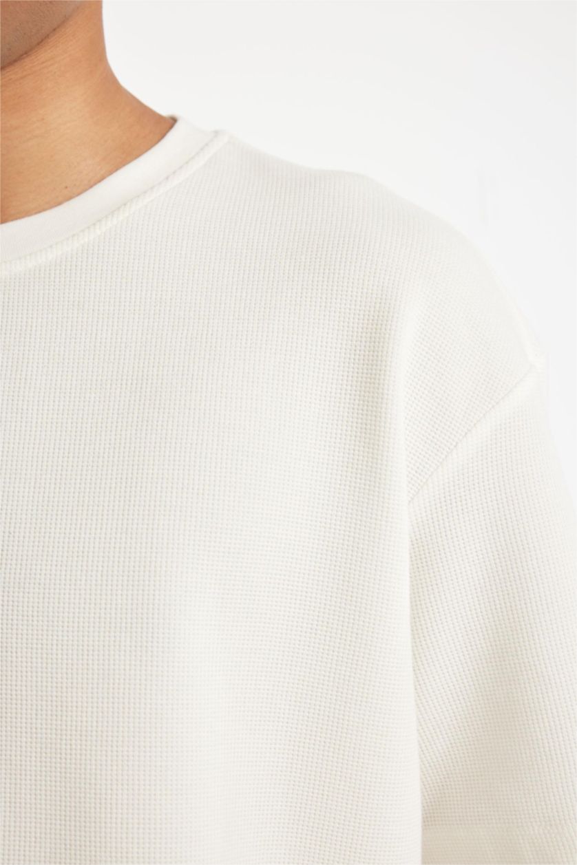 Erkek Ekru Boxy Fit Bisiklet Yaka Kısa Kollu Basic Düz Waffle Tişört