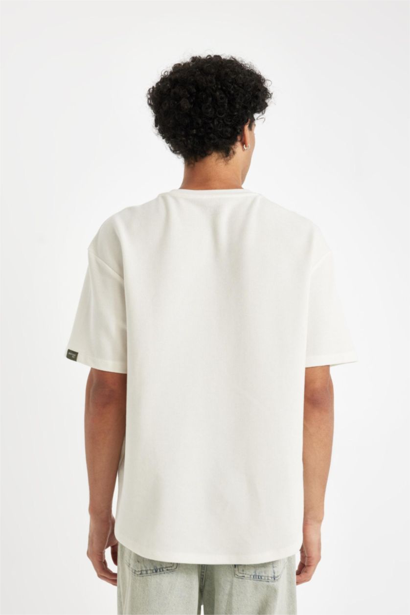 Erkek Ekru Boxy Fit Bisiklet Yaka Kısa Kollu Basic Düz Waffle Tişört