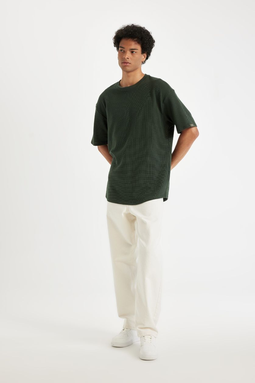 Erkek Haki Boxy Fit Bisiklet Yaka Kısa Kollu Basic Düz Waffle Tişört