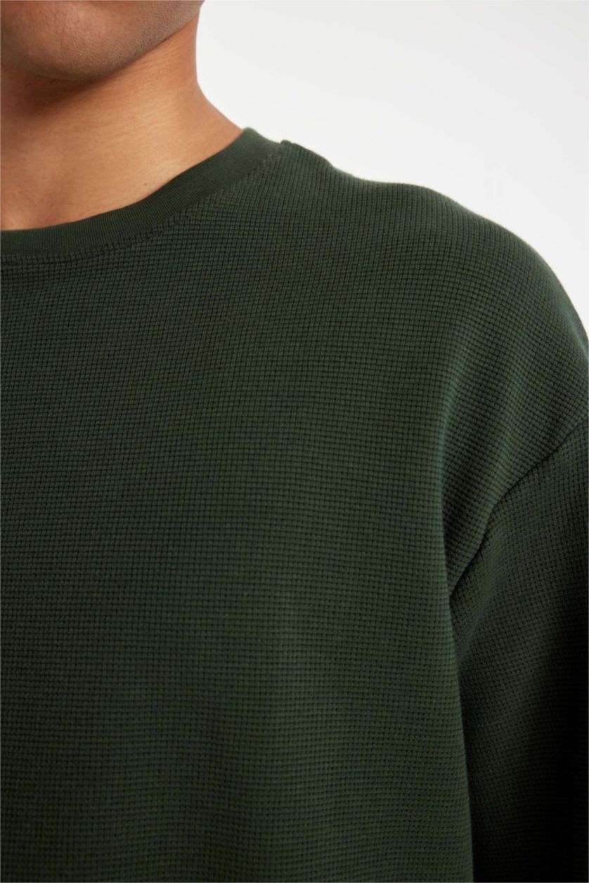 Erkek Haki Boxy Fit Bisiklet Yaka Kısa Kollu Basic Düz Waffle Tişört