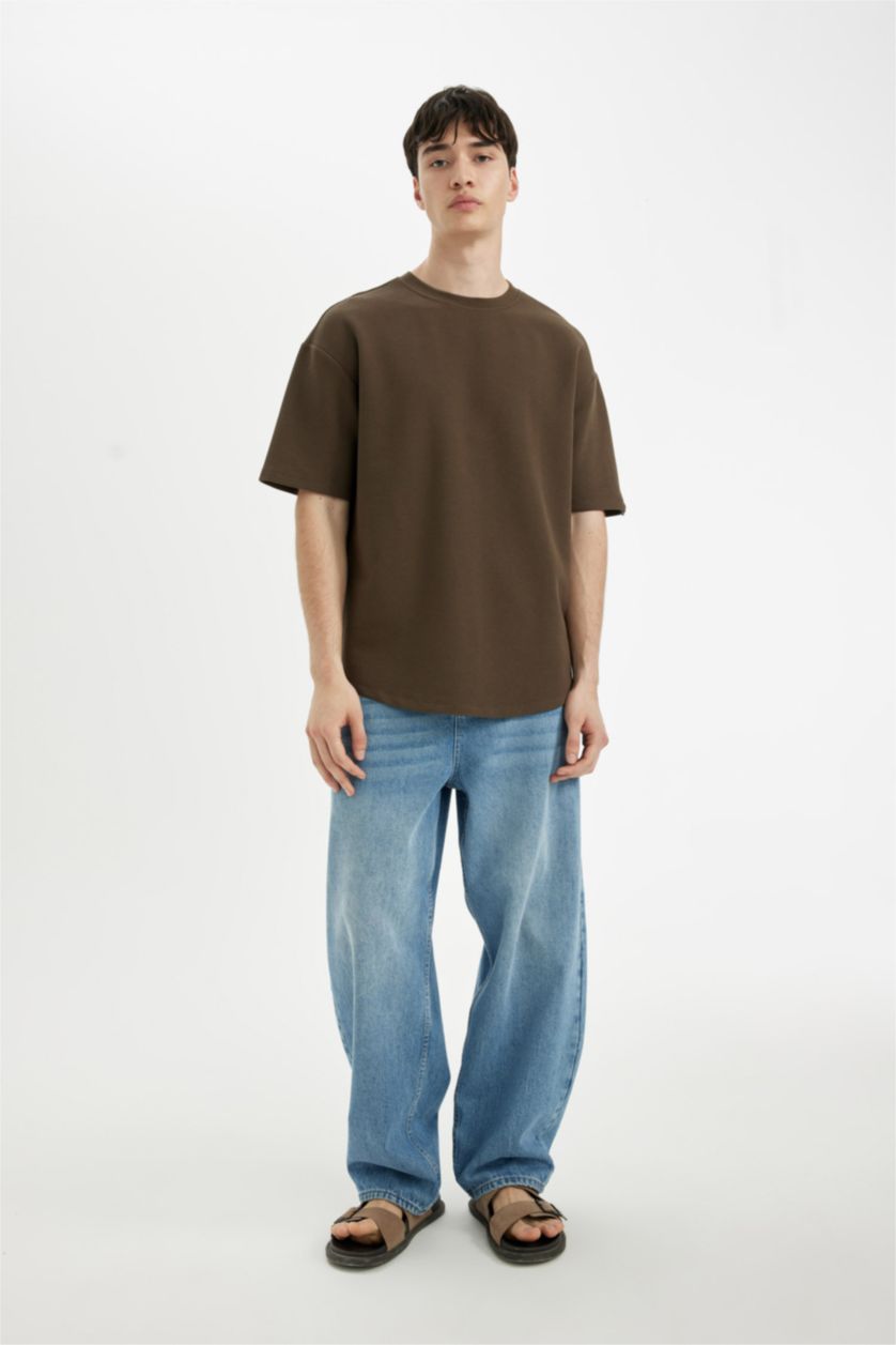 رجالي بني تيشيرت بيزك نص كم وافل بقصة مريحة