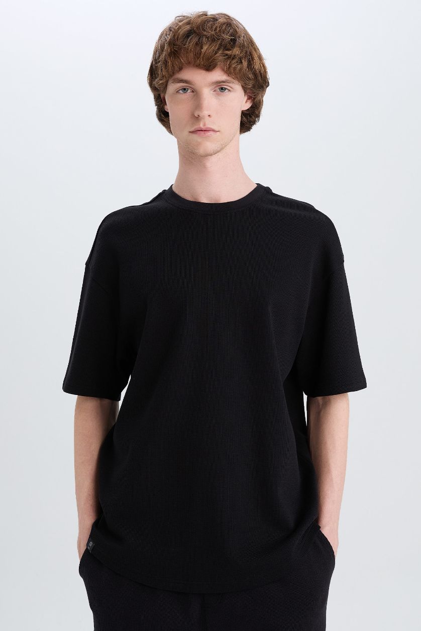 Erkek Siyah Boxy Fit Bisiklet Yaka Kısa Kollu Basic Düz Waffle Siyah Tişört