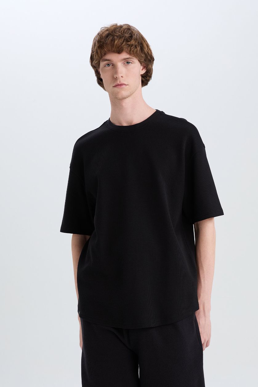 Erkek Siyah Boxy Fit Bisiklet Yaka Kısa Kollu Basic Düz Waffle Siyah Tişört