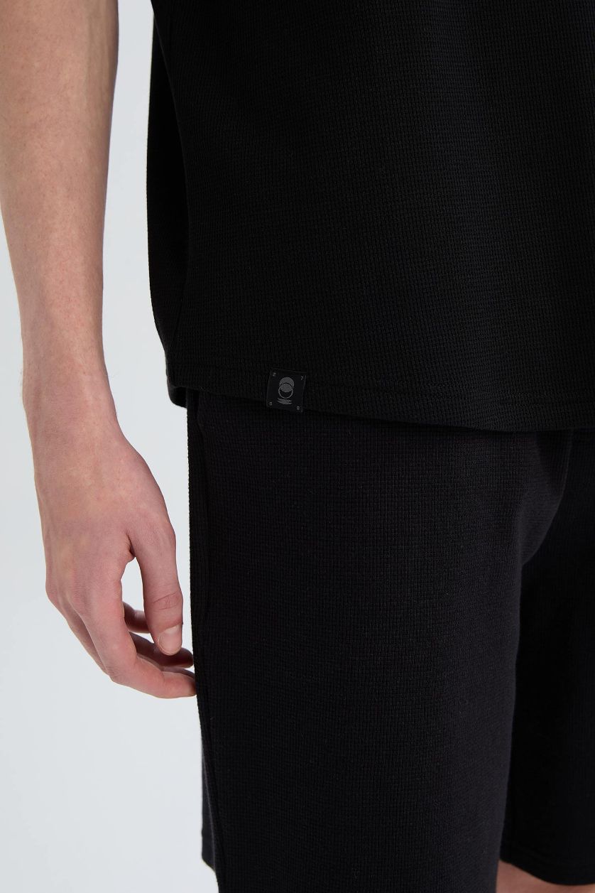 Erkek Siyah Boxy Fit Bisiklet Yaka Kısa Kollu Basic Düz Waffle Siyah Tişört