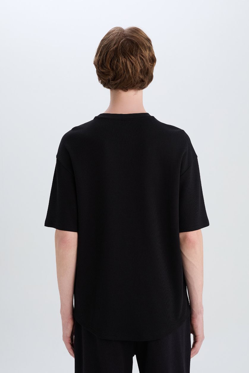 Erkek Siyah Boxy Fit Bisiklet Yaka Kısa Kollu Basic Düz Waffle Siyah Tişört