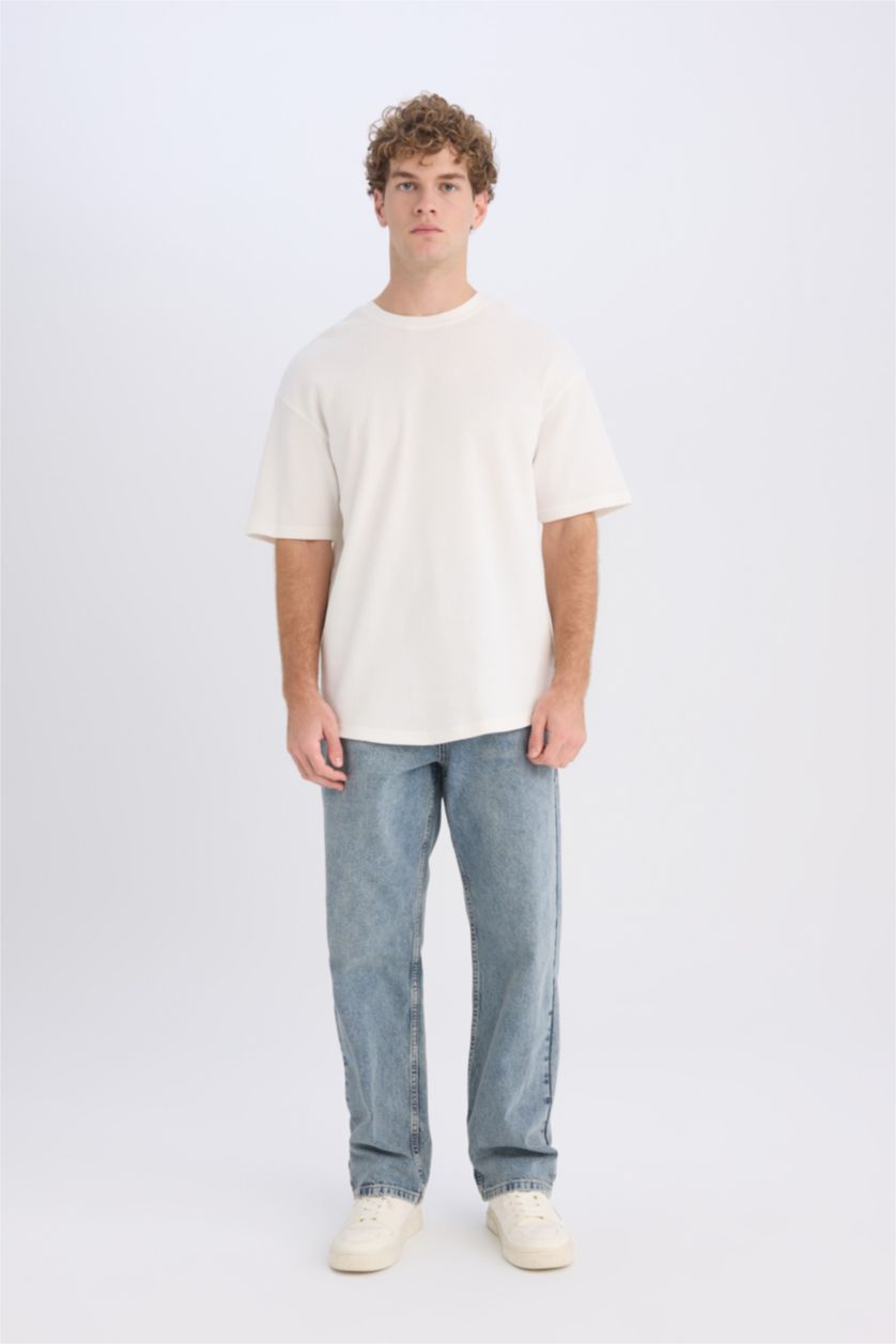 Erkek Ekru Boxy Fit Bisiklet Yaka Kısa Kollu Basic Düz Waffle Tişört