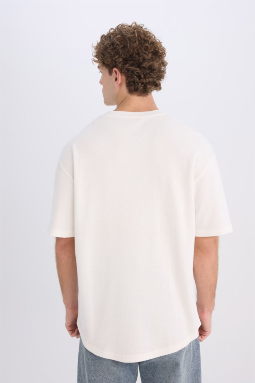 Erkek Ekru Boxy Fit Bisiklet Yaka Kısa Kollu Basic Düz Waffle Tişört